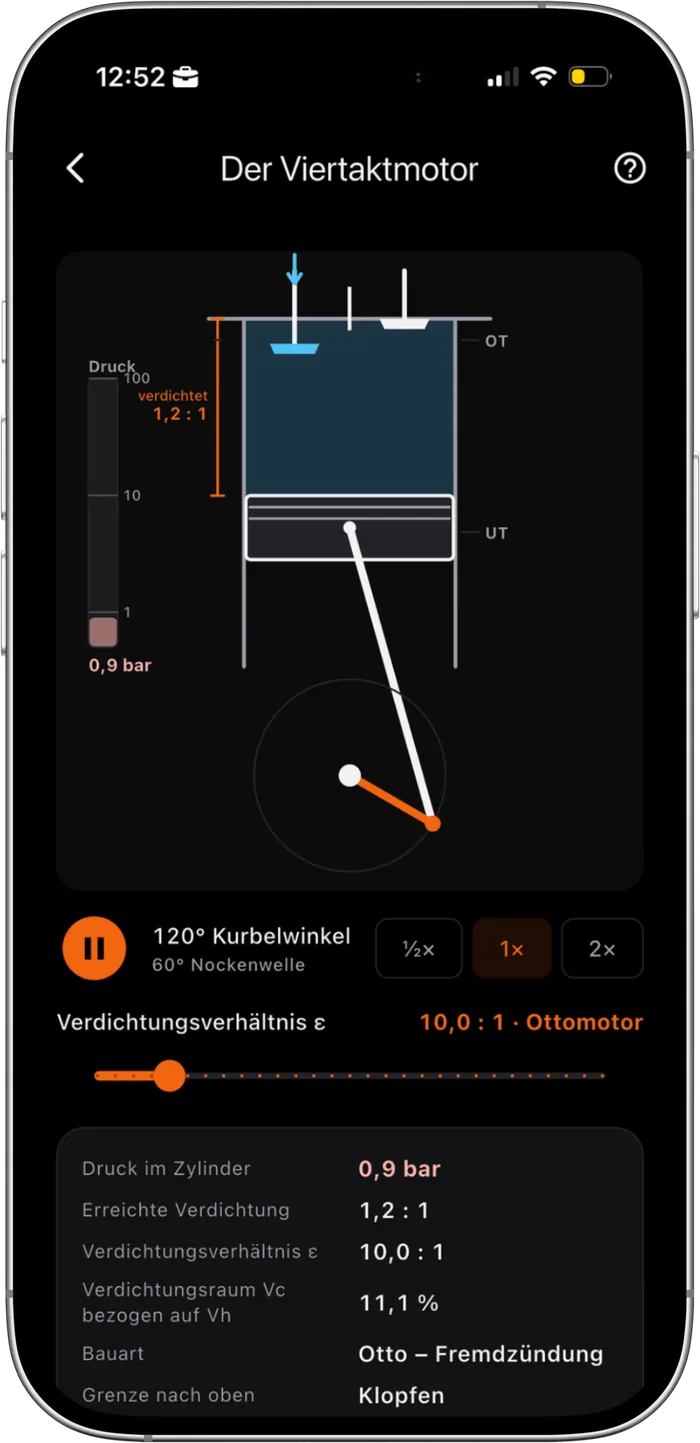 Die Viertakt-Animation in der App, mit Druckskala und einstellbarem Verdichtungsverhältnis.