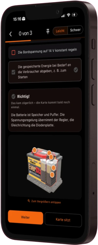 Eine beantwortete Karte in Myster: die Lösung als richtig markiert, darunter die Erklärung und ein 3D-Modell einer Starterbatterie mit antippbaren Bauteilen.